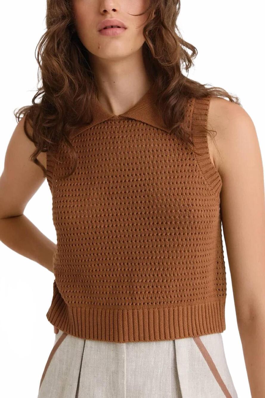 NEW MATTHEW BRUCH cable mesh collared tank top in mocha